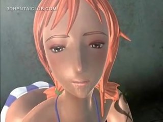 Big titted anime redhead giving titjob and blowjob